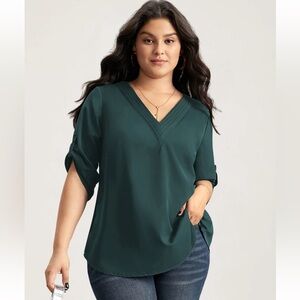 BloomChic Plus Size 2XL V Neck Plain Pleated Tab Sleeve Blouse us18-20